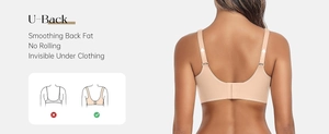 Detail view of the seamless U-back design for smoothing back fat on a nude nursing bra