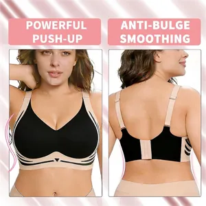 Seamless push-up wireless bra with wide side wings for anti-bulge smoothing and support