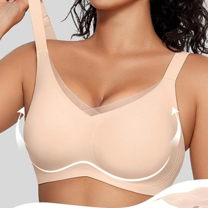 Seamless wireless V-neck mesh bra in beige color with supportive push-up effect for women