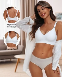 Detailed view of adjustable hook and eye closure on white seamless wire-free bra