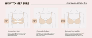 Size guide for women's seamless bra showing steps for measuring over bust and under bust