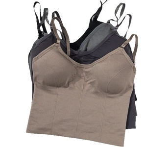 Seamless V-neck camisole bras in brown, black, and dark gray with thin straps