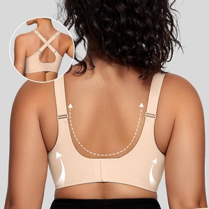 Beige seamless wireless bra for women with wide straps and versatile cross-back design