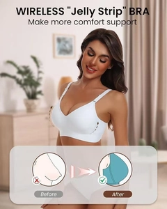 Close-up showing Jelly Strip support technology on a white seamless wireless bra