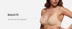 Macro shot of seamless wireless non-padded triangle bra in nude with Natural Fit text