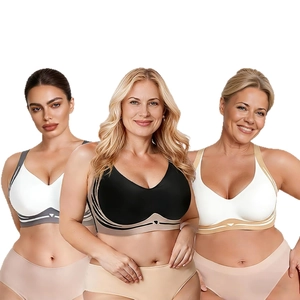 Three models wearing seamless full coverage wireless bras with wide straps and support
