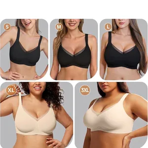 Women's seamless V-neck wireless bras with mesh trim in black and beige, sizes S to 3XL