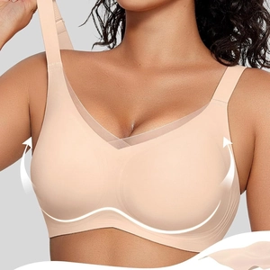 Seamless V-neck wireless push-up bra for women featuring mesh trim and wide straps