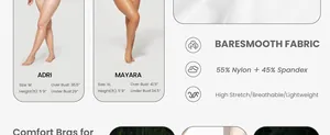 Size chart for seamless wire-free bras with model references and fabric specifications