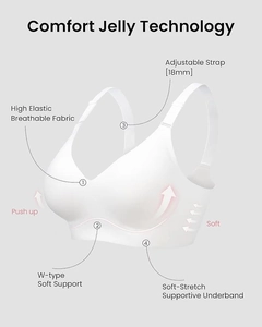 Detail showing W-shaped soft support and 18mm adjustable straps on seamless bra
