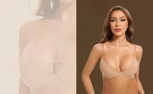 Detail of nude plunge scoop neckline bra with lightweight lining and wire support