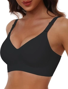 Close-up of seamless black wireless bra with wide shoulder straps and V-neckline design