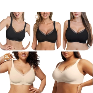Women's seamless V-neck mesh bra in black and beige, shown in sizes M and XL