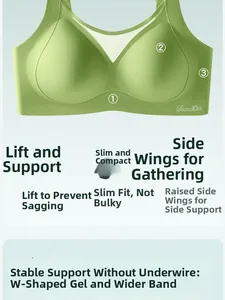 Detail of green wireless bra featuring W-shape jelly support and side smoothing panels