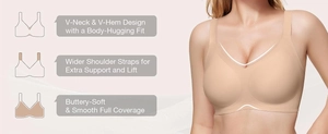 Detail of nude wireless bra showing V-neckline, wide straps, and full coverage support