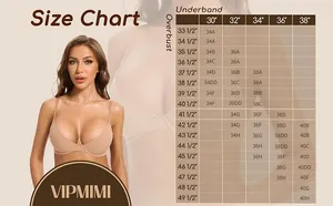 Detailed size chart for women low cut bra showing underband and overbust measurements