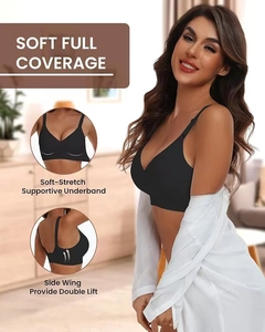 Detail of black seamless full coverage bra showing elastic band and lift side wings