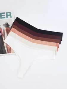 6-pack seamless V-shaped thongs in assorted skin tones and basic colors flat lay