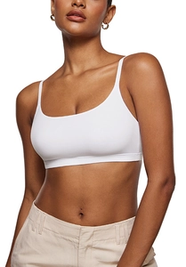 Close-up of a white seamless triangle bra with thin straps and a wide elastic underband