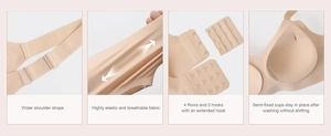 Detail view of seamless beige bra with wide straps and breathable fabric