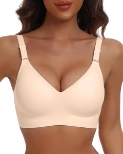 Close-up of beige wireless bra featuring seamless V-neck and adjustable wide straps