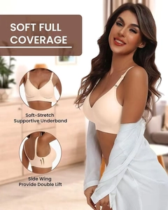 Detail of wide side wings and elastic support band on seamless full cup bra