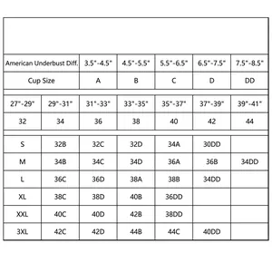 Tableau des tailles US pour soutien-gorge sans couture avec mesures de bonnet S à 3XL