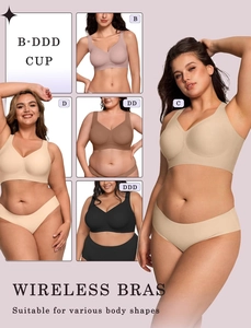 Women seamless wireless bra and panty set for plus size B to DDD cup comfort