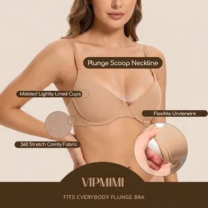 Women's plunge scoop neck bra in nude beige with flexible underwire and molded cups