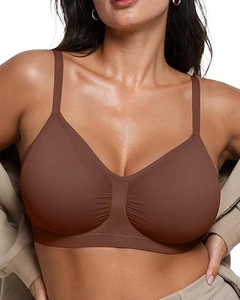 Detailed view of seamless dark brown wireless bra featuring a soft ribbed texture and high stretch