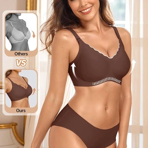 Seamless nursing bra and panty set in dark brown with scalloped edges and wireless support