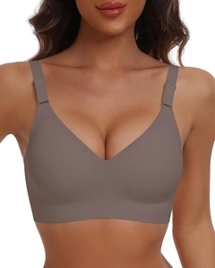 Detail of soft support wireless bra in dark coffee showing smooth high-elastic fabric
