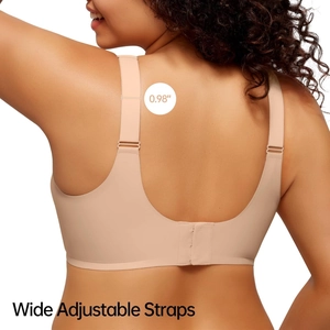 Wireless full coverage nude bra featuring 0.98 inch wide adjustable straps and U-shaped back