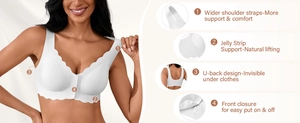 Detailed view of seamless front closure bra with jelly strip support and wide straps
