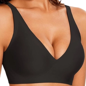 Seamless black wire-free sports bra with deep V-neck and wide elastic shoulder straps