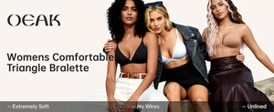 Three models wearing seamless unlined triangle bralettes in black, white, and nude colors