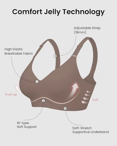 Brown seamless bra featuring jelly strip support technology and adjustable straps