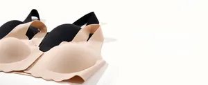 Detail of 3D molded cups with jelly strip support and wave-cut edges on seamless bras