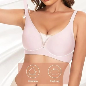 Detail showing the light pink wireless bra with seamless design and push up support