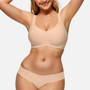 Women's seamless wire-free push up bra and panty set in nude skin tone with wide straps