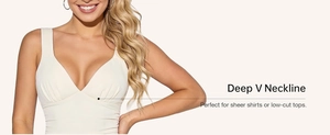 Detail of white deep V-neckline seamless bra with elegant ruched fabric and wide straps