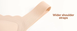 Close-up of seamless nude front-buckle bra featuring wide straps and scalloped edges