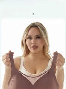 Detail of seamless plus size bra with V-neck mesh stitch and elastic wide straps