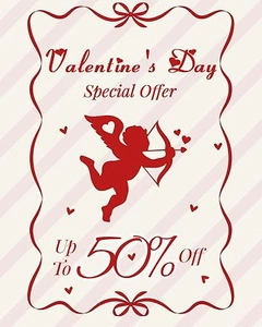 Valentine's Day promotion banner with red Cupid silhouette and 50% discount special offer