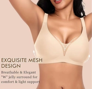Detail of seamless deep V-bra with exquisite mesh design and W jelly support in nude