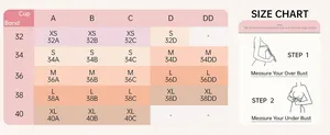 Size guide for wireless triangle bra showing cup sizes and measurement steps for XS-XL