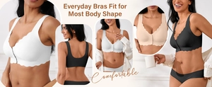 Seamless front-closure bras in white, black, and beige with scalloped edges and U-back