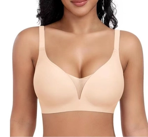 Detail of nude seamless push-up bra with breathable V-neck mesh insert and wide straps