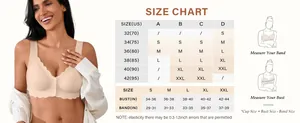 Size chart for women's seamless front closure bra with measurements from S to XXL
