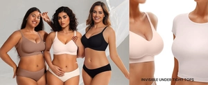 Seamless buttery soft bras shown on different skin tones and under tight white shirts